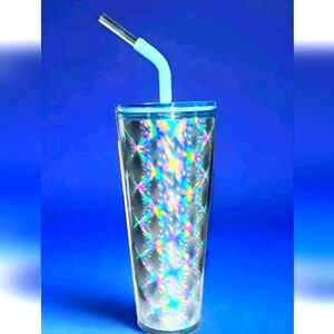 NWT Starbucks 2024 Silver Metallic Holographic Star Checkered Slant Straw Cup